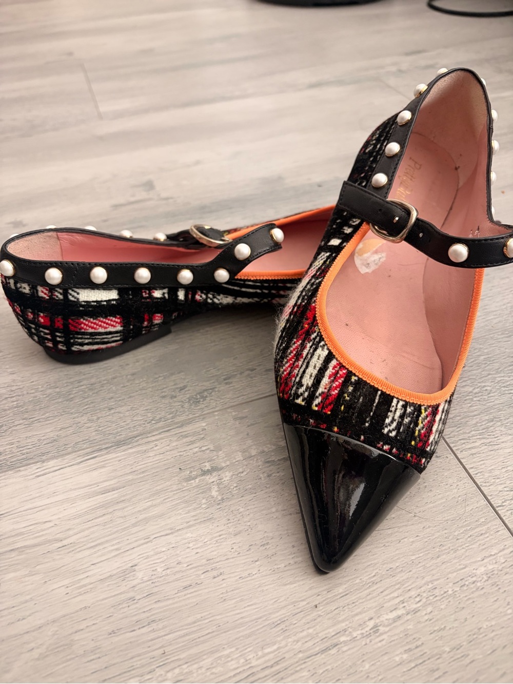 Pretty Ballerinas Black Plaid Pointed Mary Jane Flats with Pearls
